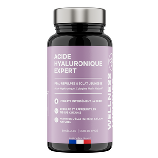 ACIDE HYALURONIQUE EXPERT – Avec Collagène Marin, Vitamines C & E – Hydratation Intense, Élasticité, Anti-Âge & Articulations – Formule Haute Absorption – 60 Gélules – Fabriqué en France