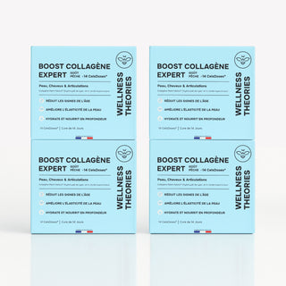 4X PACK BOOST COLLAGEN EXPERT - Perzik Smaak - 2500 mg Marine Collageen Type I & III, Hyaluronzuur, CoQ10, Vitamine C & B6, Selenium, Wilde Viooltjes - Uitstraling, Elasticiteit & Stevigheid - CelsDose® - Made in France