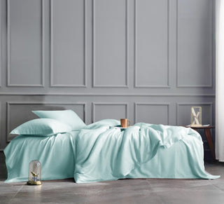 Set de Lit Complet Luxe Bleu Menthe – Housse de Couette, Drap Plat & 2 Taies – Soie de Mûrier 100% Naturelle 22 Mommes – Confort Royal - Peau & Cheveux Sublimés