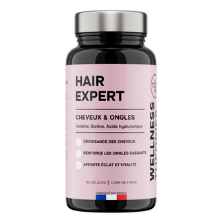 HAIR EXPERT – Croissance, Force & Éclat des Cheveux – Kératine, Biotine, Zinc, Acide Hyaluronique & Vitamines – 60 Gélules – Cure de 1 Mois – Made in France