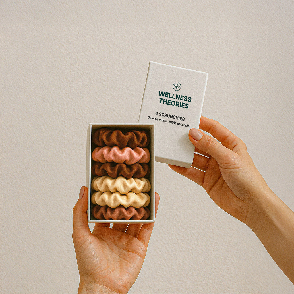 BOX DE 6 SCRUNCHIES EN SOIE 22MM DE MÛRIER – 100% Naturelle – Chouchous Doux pour les Cheveux – Anti-Casse, Anti-Frisottis, Préserve l’Hydratation – Élégance & Confort Quotidien