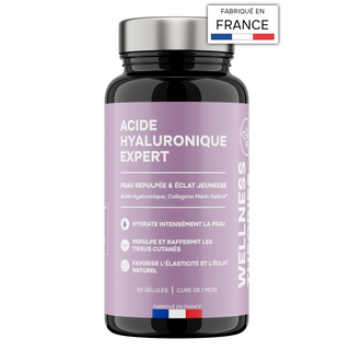 ACIDE HYALURONIQUE EXPERT – Avec Collagène Marin, Vitamines C & E – Hydratation Intense, Élasticité, Anti-Âge & Articulations – Formule Haute Absorption – 60 Gélules – Fabriqué en France