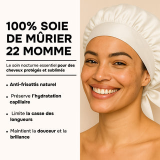Bonnet de Nuit en Soie de Mûrier 22 Mommes ivoire – Luxe & Soin Beauté – Protège les Cheveux, Préserve l’Hydratation et Évite les Frisottis
