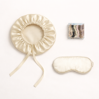 Rituel Nuit en Soie Champagne – Bonnet, Masque et Scrunchies