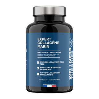 EXPERT COLLAGÈNE MARIN – Types I & II avec Acide Hyaluronique & Vitamine C – Peau, Cheveux, Ongles & Articulation – 120 gélules – Made in France