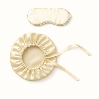 Rituel Nuit Cheveux & Sommeil – Bonnet et Masque en Soie Champagne