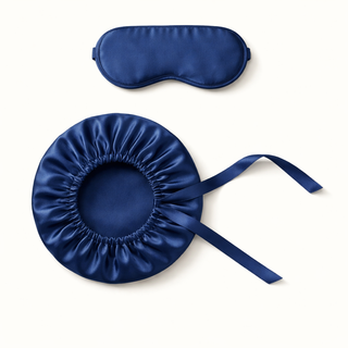Rituel Nuit Cheveux & Sommeil – Bonnet et Masque en Soie Bleu