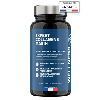 EXPERT COLLAGÈNE MARIN – Types I & II avec Acide Hyaluronique & Vitamine C – Haute Absorption – Peau, Cheveux, Ongles & Articulations – Gélules Végétales  – Made in France