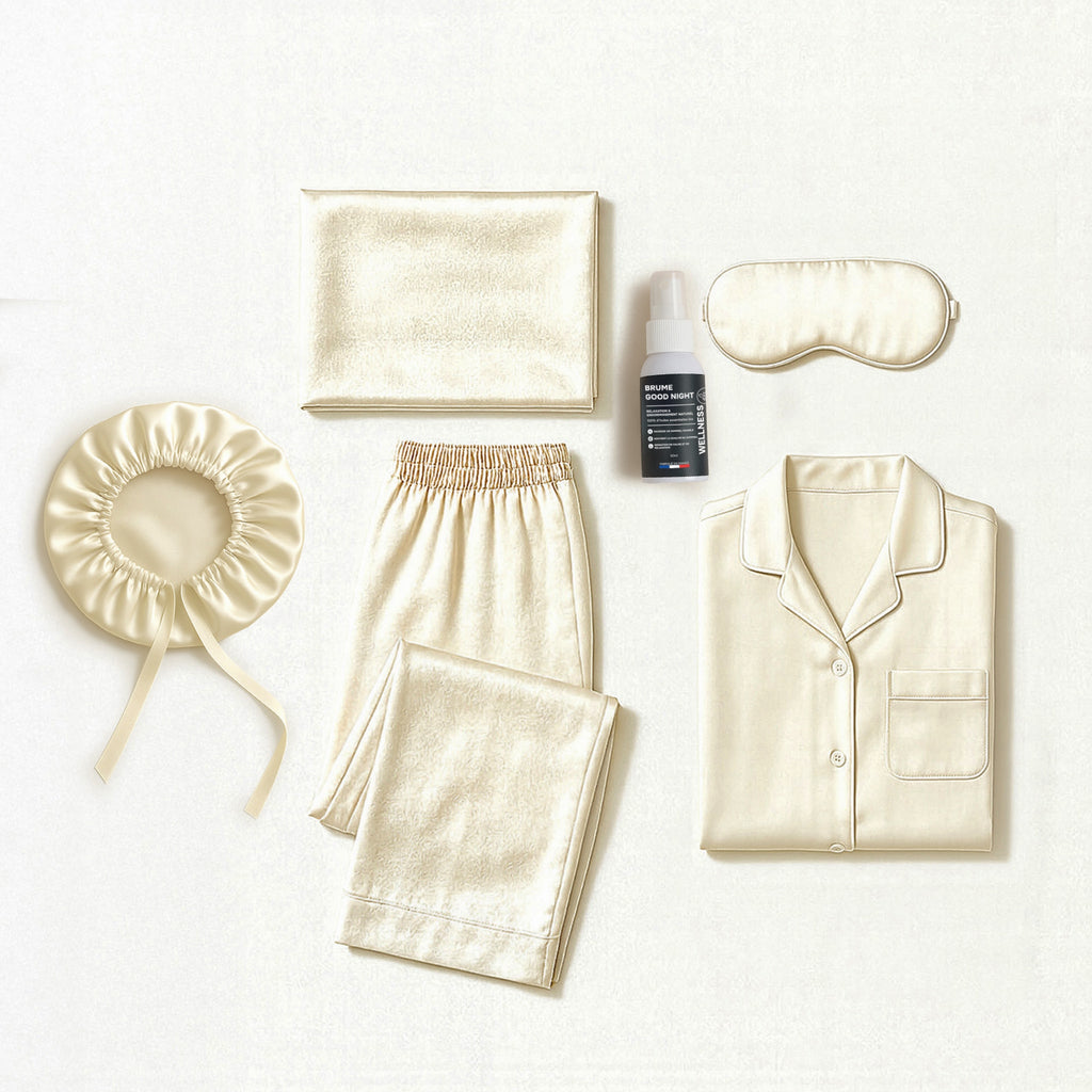 PACK RITUEL GOOD NIGHT CHAMPAGNE – PYJAMA, MASQUE DE NUIT, TAIE & BONNET EN SOIE + BRUME GOOD NIGHT – BEAUTÉ, DOUCEUR & SOMMEIL RÉPARATEUR