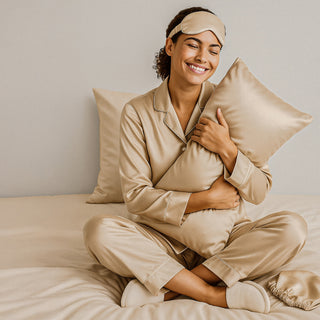RITUEL DE SOIE PREMIUM CHAMPAGNE - SET LETTO, PIGIAMA, MASCHERA E CUFFIETTA 100% SETA DI GELSO - LUSSO, COMFORT E SONNO PROFONDO