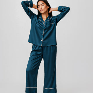 PYJAMA BLEU 100 % SOIE DE MÛRIER 22 MM – CONFORT, BEAUTÉ & SOMMEIL RÉPARATEUR