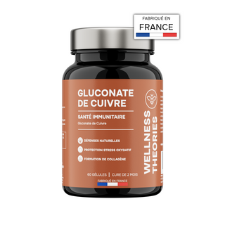 GLUCONATE DE CUIVRE – Métabolisme du Fer & Fonction Immunitaire – Contribue à une Pigmentation Normale de la Peau et des Cheveux – 2 mg / 200 % VNR – 1 Gélule/Jour – 60 Gélules – Cure de 2 Mois – Made in France