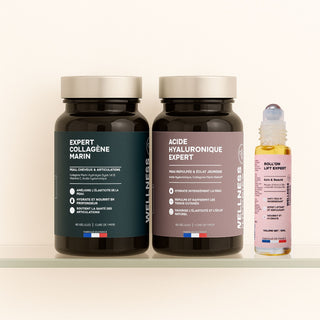 PACK ÉCLAT SUPRÊME – Cure Beauté Intégrale : Collagène + Acide Hyaluronique + Roll-On Lift – Peau Repulpée, Lisse et Éclatante – 2 Mois
