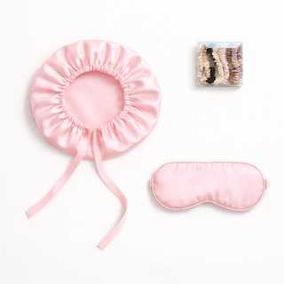 Rituel Nuit en Soie Rose – Bonnet, Masque et Scrunchies