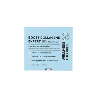 BOOST COLLAGÈNE EXPERT – Goût Pêche – 2500 mg de Collagène Marin Type I & III, Acide Hyaluronique, CoQ10, Vitamines C & B6, Sélénium, Pensée Sauvage – Éclat, Élasticité & Fermeté – CelsDose® – Fabriqué en France