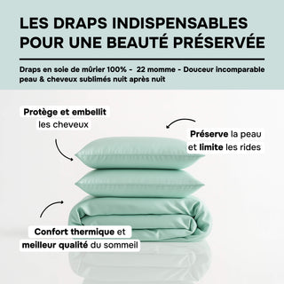 Set de Lit Complet Luxe Bleu Menthe – Housse de Couette, Drap Plat & 2 Taies – Soie de Mûrier 100% Naturelle 22 Mommes – Confort Royal - Peau & Cheveux Sublimés