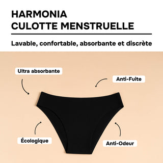 HARMONIA Noir – Culotte menstruelle lavable - confortable, absorbante et discrète