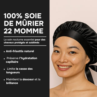 Bonnet de Nuit en Soie de Mûrier 22 Mommes Noir – Luxe & Soin Beauté – Protège les Cheveux, Préserve l’Hydratation et Évite les Frisottis