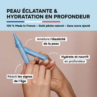 PACK 4X BOOST COLLAGÈNE EXPERT – Goût Pêche – 2500 mg de Collagène Marin Type I & III, Acide Hyaluronique, CoQ10, Vitamines C & B6, Sélénium, Pensée Sauvage – Éclat, Élasticité & Fermeté – CelsDose® – Fabriqué en France