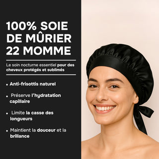 Bonnet de Nuit en Soie de Mûrier 22 Mommes Noir – Luxe & Soin Beauté – Protège les Cheveux, Préserve l’Hydratation et Évite les Frisottis