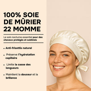 Bonnet de Nuit en Soie de Mûrier 22 Mommes Champagne – Luxe & Soin Beauté – Protège les Cheveux, Préserve l’Hydratation et Évite les Frisottis
