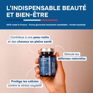 GLUCONATE DE ZINC – Contribue au Bon Fonctionnement du Système Immunitaire, au Maintien d’une Peau Normale – 60 Gélules – Made in France