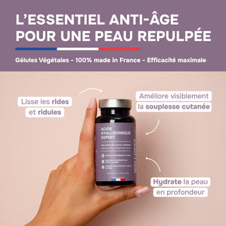 ACIDE HYALURONIQUE EXPERT – Avec Collagène Marin, Vitamines C & E – Hydratation Intense, Élasticité, Anti-Âge & Articulations – Formule Haute Absorption – 60 Gélules – Fabriqué en France