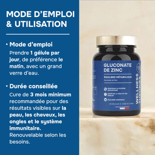 GLUCONATE DE ZINC – Contribue au Bon Fonctionnement du Système Immunitaire, au Maintien d’une Peau Normale – 60 Gélules – Made in France