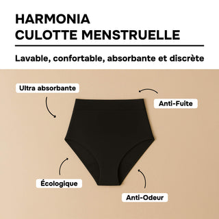 HARMONIA Noir – Culotte menstruelle lavable - confortable, absorbante et discrète