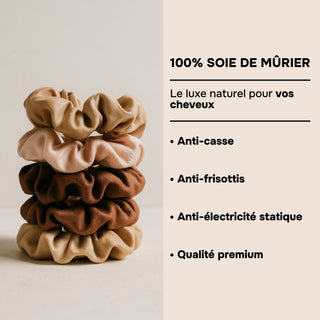 BOX DE 6 SCRUNCHIES EN SOIE 22MM DE MÛRIER – 100% Naturelle – Chouchous Doux pour les Cheveux – Anti-Casse, Anti-Frisottis, Préserve l’Hydratation – Élégance & Confort Quotidien
