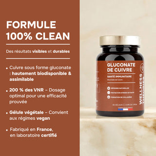 GLUCONATE DE CUIVRE – Métabolisme du Fer & Fonction Immunitaire – Contribue à une Pigmentation Normale de la Peau et des Cheveux – 60 Gélules – Cure de 2 Mois – Made in France