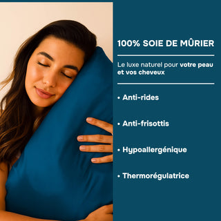 TAIE D’OREILLER EN SOIE DE MÛRIER 22MM BLEU CORAIL – 100% Naturelle – Anti-Rides, Préserve l’Hydratation & Limite la Casse des Cheveux – Luxe & Confort Nocturne