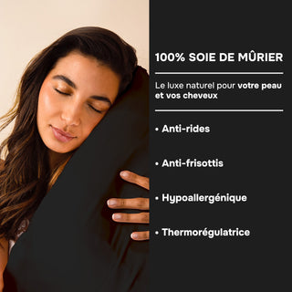 TAIE D’OREILLER EN SOIE DE MÛRIER 22MM NOIRE – 100% Naturelle – Anti-Rides, Préserve l’Hydratation & Limite la Casse des Cheveux – Luxe & Confort Nocturne