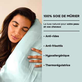 TAIE D’OREILLER EN SOIE DE MÛRIER 22MM BLEU MENTHE – 100% Naturelle – Anti-Rides, Préserve l’Hydratation & Limite la Casse des Cheveux – Luxe & Confort Nocturne