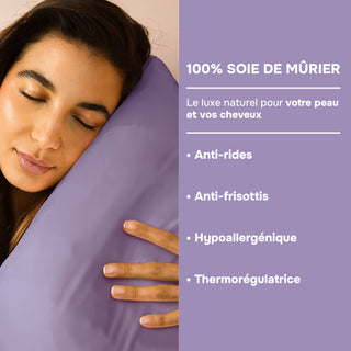 TAIE D’OREILLER EN SOIE DE MÛRIER 22MM VIOLETTE – 100% Naturelle – Anti-Rides, Préserve l’Hydratation & Limite la Casse des Cheveux – Luxe & Confort Nocturne