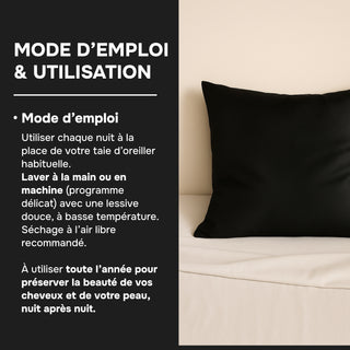 TAIE D’OREILLER EN SOIE DE MÛRIER 22MM NOIRE – 100% Naturelle – Anti-Rides, Préserve l’Hydratation & Limite la Casse des Cheveux – Luxe & Confort Nocturne