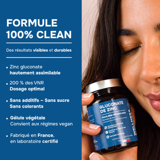 GLUCONATE DE ZINC – Contribue au Bon Fonctionnement du Système Immunitaire, au Maintien d’une Peau Normale – 60 Gélules – Made in France