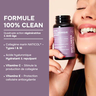 ACIDE HYALURONIQUE EXPERT – Avec Collagène Marin, Vitamines C & E – Hydratation Intense, Élasticité, Anti-Âge & Articulations – Formule Haute Absorption – 60 Gélules – Fabriqué en France
