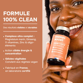 ENERGY BOOST – Complément alimentaire à base de Ginseng, Magnésium, Vitamines B, C, D & Minéraux – Formule Complète – 60 Gélules – Made in France