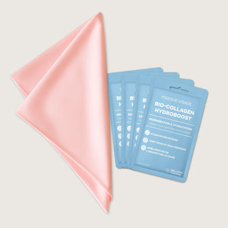 PACK TAIE D’OREILLER EN SOIE 22MM ROSE + 4 MASQUES VISAGE BIO-COLLAGEN HYDROBOOST – Anti-Rides, Hydratation Intense, Peau Repulpée & Cheveux Protégés – Soin Beauté & Confort Nocturne