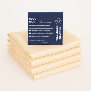 Pack 4x Taies d’Oreiller en Soie 22mm Champagne + 14 Shots GOOD NIGHT – Endormissement Naturel & Nuit Réparatrice