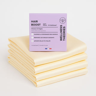 Pack 4x Taies d’Oreiller en Soie 22mm Champagne + 14 Shots HAIR BOOST – Croissance, Force & Vitalité des Cheveux – Kératine, Biotine, Zinc & Vitamines – Soin Capillaire Complet Jour & Nuit – Unidoses Buvables - Made in France