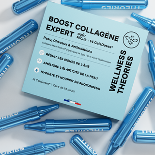 BOOST COLLAGÈNE EXPERT – Goût Pêche – 2500 mg de Collagène Marin Type I & III, Acide Hyaluronique, CoQ10, Vitamines C & B6, Sélénium, Pensée Sauvage – Éclat, Élasticité & Fermeté – CelsDose® – Fabriqué en France
