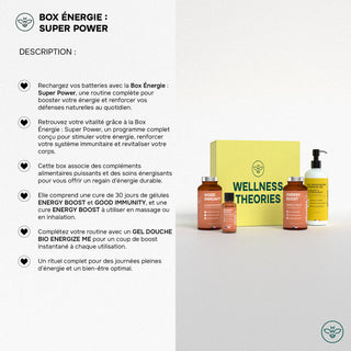BOX  Énergie Super Power – L’Alliance Énergie : Compléments + Aromathérapie + Gel Douche Vivifiant - Booster Pour le Corps et l'Esprit - Made In France