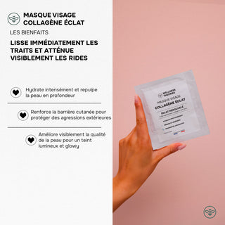MASQUE VISAGE COLLAGÈNE ÉCLAT – Collagène & Acide Hyaluronique, Aloe Vera – Repulpant, Apaisant & Éclat Immédiat – Made in France