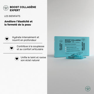 BOOST COLLAGÈNE EXPERT – Goût Pêche – 2500 mg de Collagène Marin Type I & III, Acide Hyaluronique, CoQ10, Vitamines C & B6, Sélénium, Pensée Sauvage – Éclat, Élasticité & Fermeté – CelsDose® – Fabriqué en France