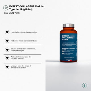 EXPERT COLLAGÈNE MARIN – Types I & II avec Acide Hyaluronique & Vitamine C – Haute Absorption – Peau, Cheveux, Ongles & Articulations – Gélules Végétales  – Made in France