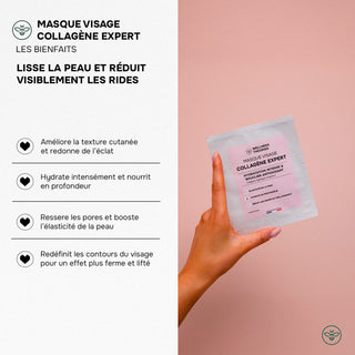 MASQUE VISAGE COLLAGÈNE EXPERT – Effet Seconde Peau & Coup d’Éclat Immédiat – Hydratation, Fermeté & Lissage – Biocellulose Haute Performance – Made in France