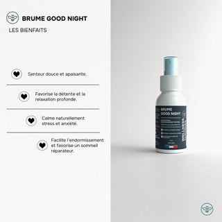 BRUME GOOD NIGHT – Spray Sommeil Bio aux Huiles Essentielles – Lavandin, Camomille, Ylang-Ylang & Orange Douce – Relaxation, Endormissement & Nuit Réparatrice – 50 ml – Made in France